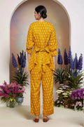 Joban Fashion Mustard Flower Printed Cotton Top With Front Knot And Maching Palazzo Pant