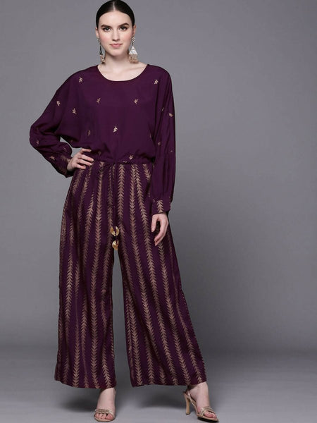 Ahalyaa Purple & Golden Printed Basic Jumpsuit