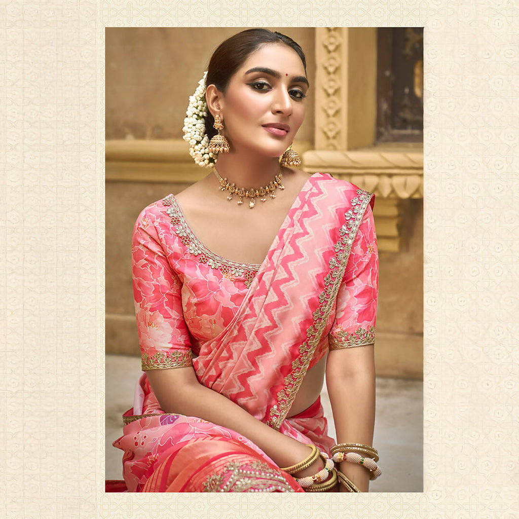 Pink Gajji Silk Foil With Moti Work Saree With Unstitched Blouse - Norita Gajri