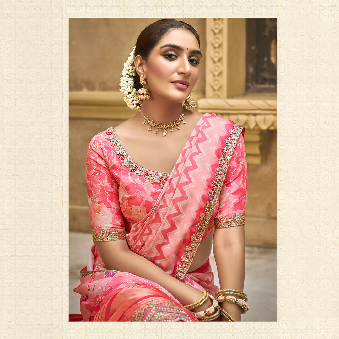 Pink Gajji Silk Foil With Moti Work Saree With Unstitched Blouse - Norita Gajri