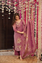 The52 Onion Gorgeous Floral Printed Zarna Silk Fabric Straight Kurta Pant with Dupatta Set - Distacart