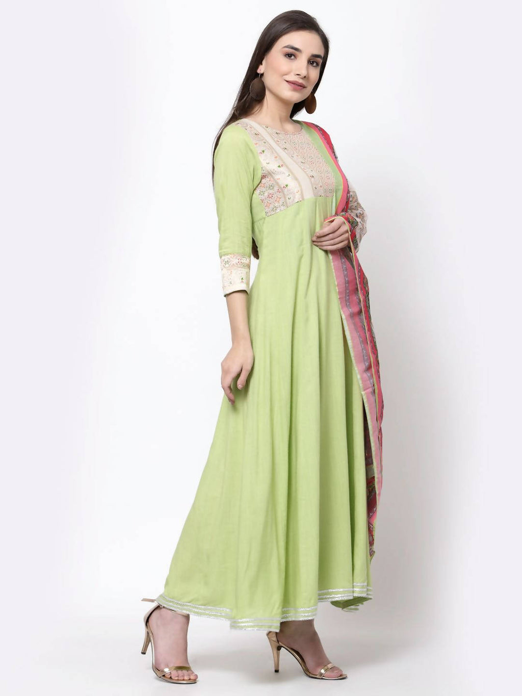 Myshka Women's Green Rayon Printed 3/4 Sleeve Round Neck Casual Anarkali Dupatta Set