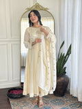 The52 CreamWomen's Gorgeous Embroidered Vichitra Silk Fabric Flared Kurta Pant with Dupatta Set - Distacart
