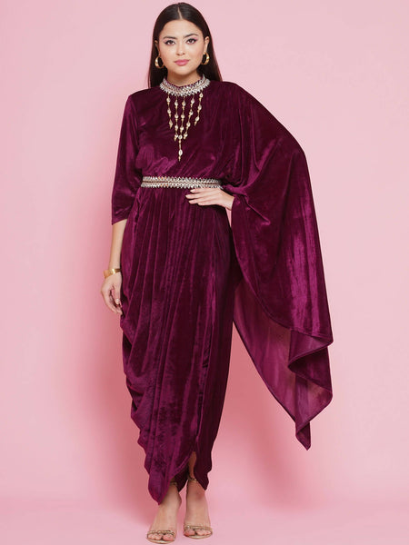 Women Republic Burgundy Velvet Kurta With Attached Neckalace,Belt And Pant