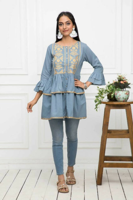 Myshka Women Grey Solid Round Neck Flared Sleeves Pure Cotton Top
