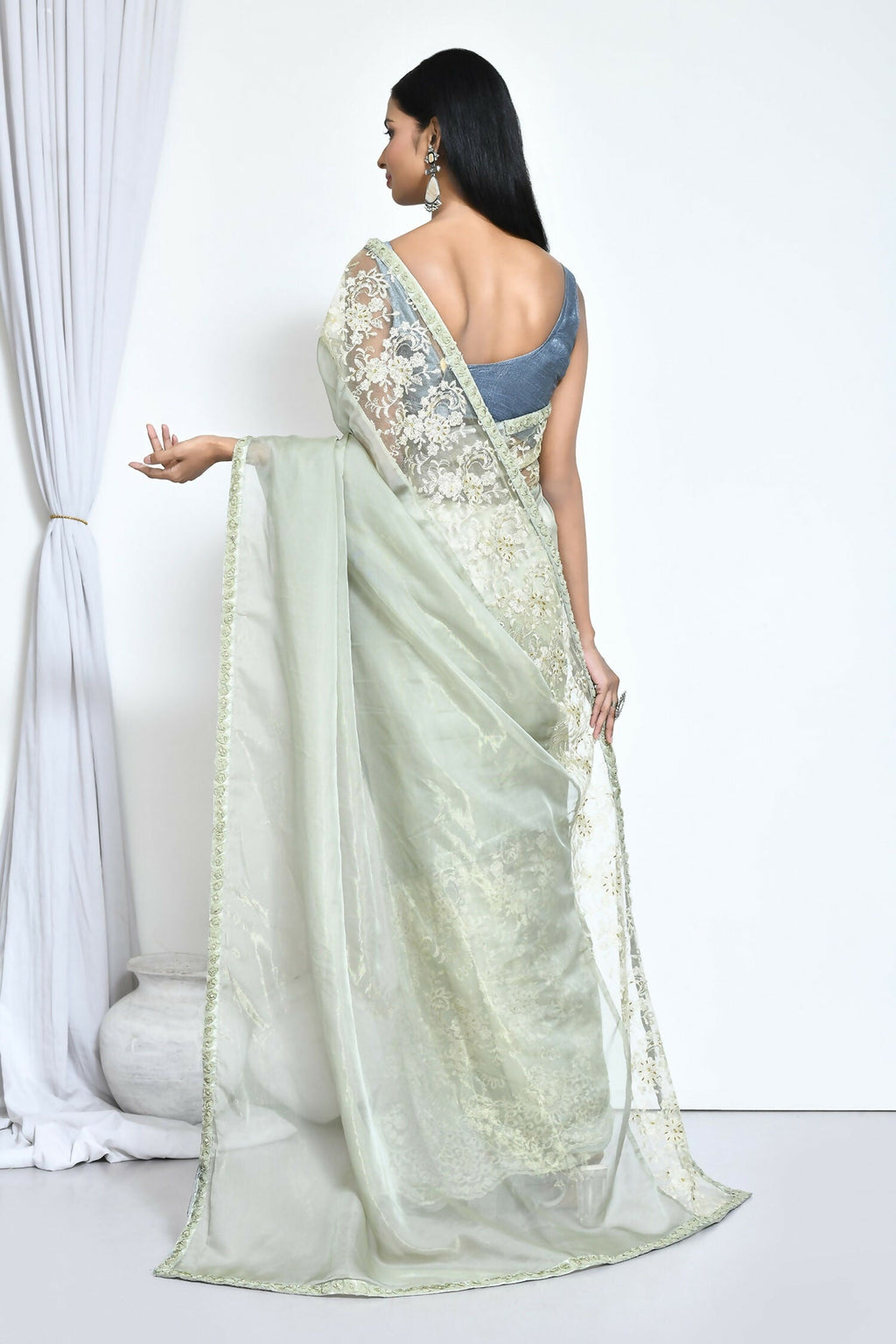 Green Organza Jari Silk Floral Embroidered Festive Saree - Nimaya Denzy