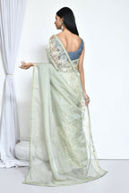 Green Organza Jari Silk Floral Embroidered Festive Saree - Nimaya Denzy