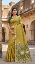 Vastranavya Yellow Muga Cotton Meenakari & Azarakh Pallu Saree with Contrast Blouse - Distacart
