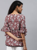 Yufta Women Red & White Bell Sleeve Layered Handblock Ethnic Motifs Print Regular Top