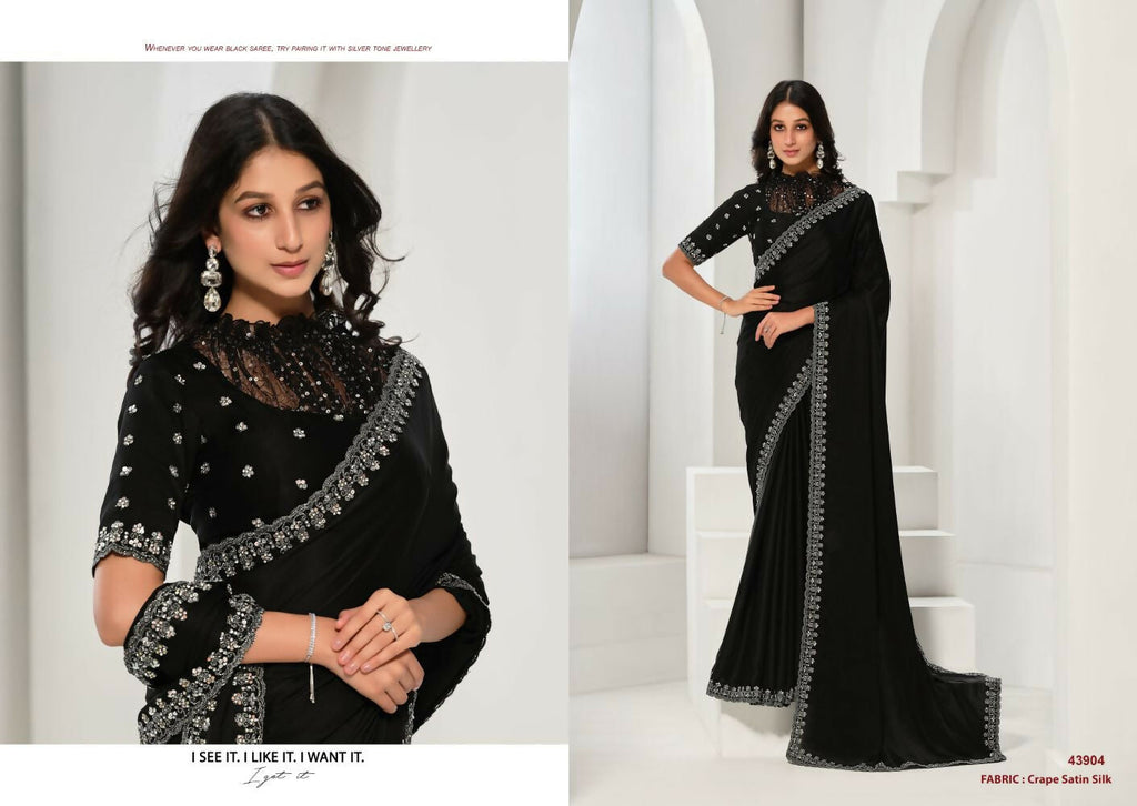 Black Crepe Satin Silk Sequence & Handwork Saree with Unstitched Blouse - Norita Saanjh