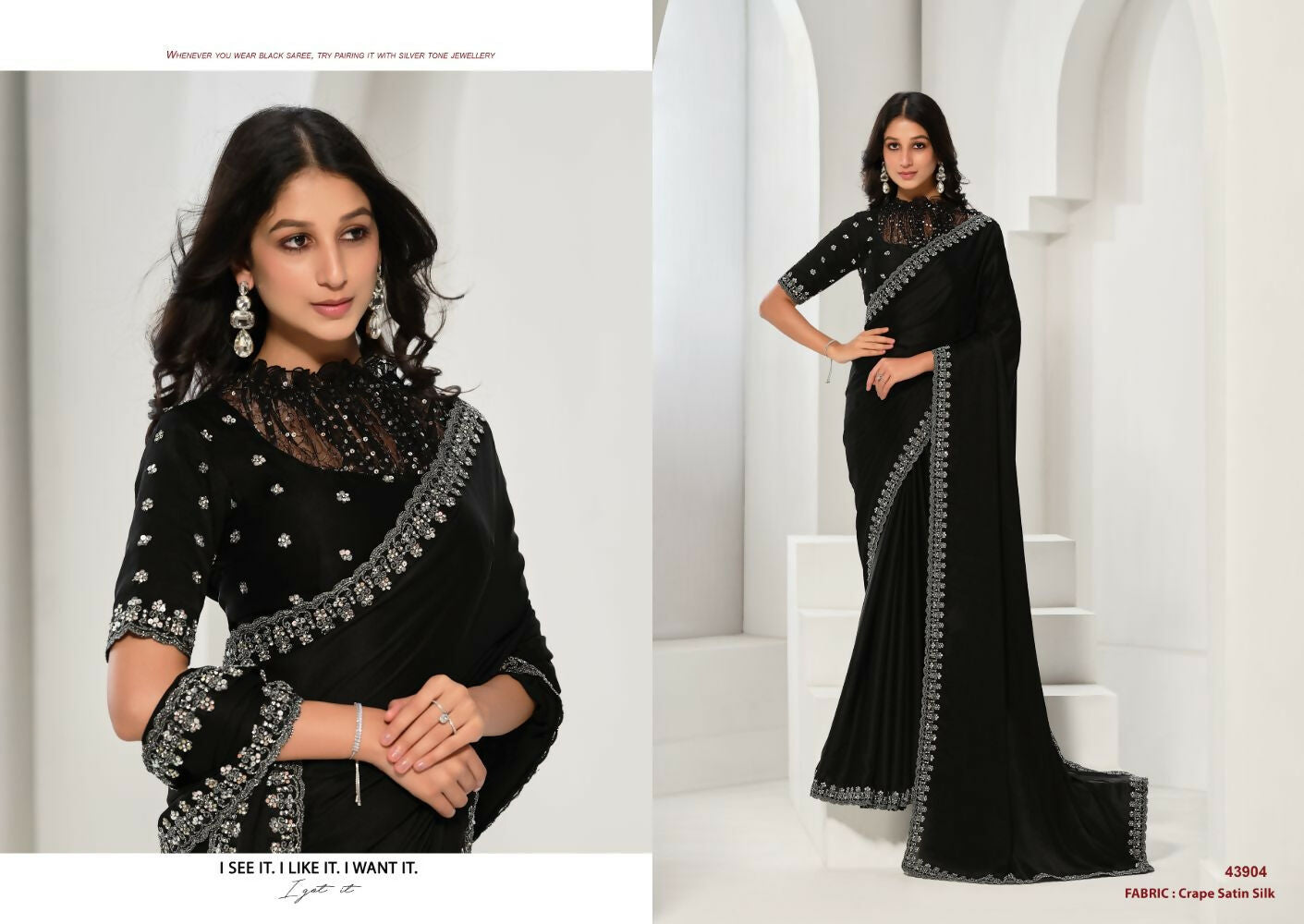 Black Crepe Satin Silk Sequence & Handwork Saree with Unstitched Blouse - Norita Saanjh