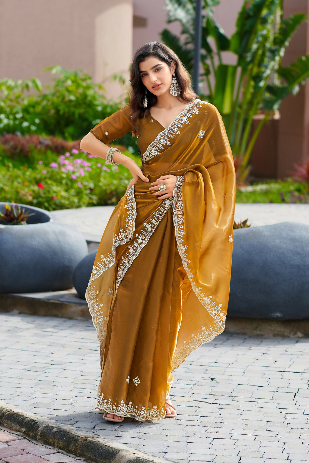 Vastranavya Brown Embroidery Work Shimmer Chiffon Saree with Unstitched Blouse - Distacart