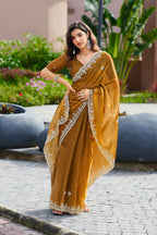 Vastranavya Brown Embroidery Work Shimmer Chiffon Saree with Unstitched Blouse - Distacart