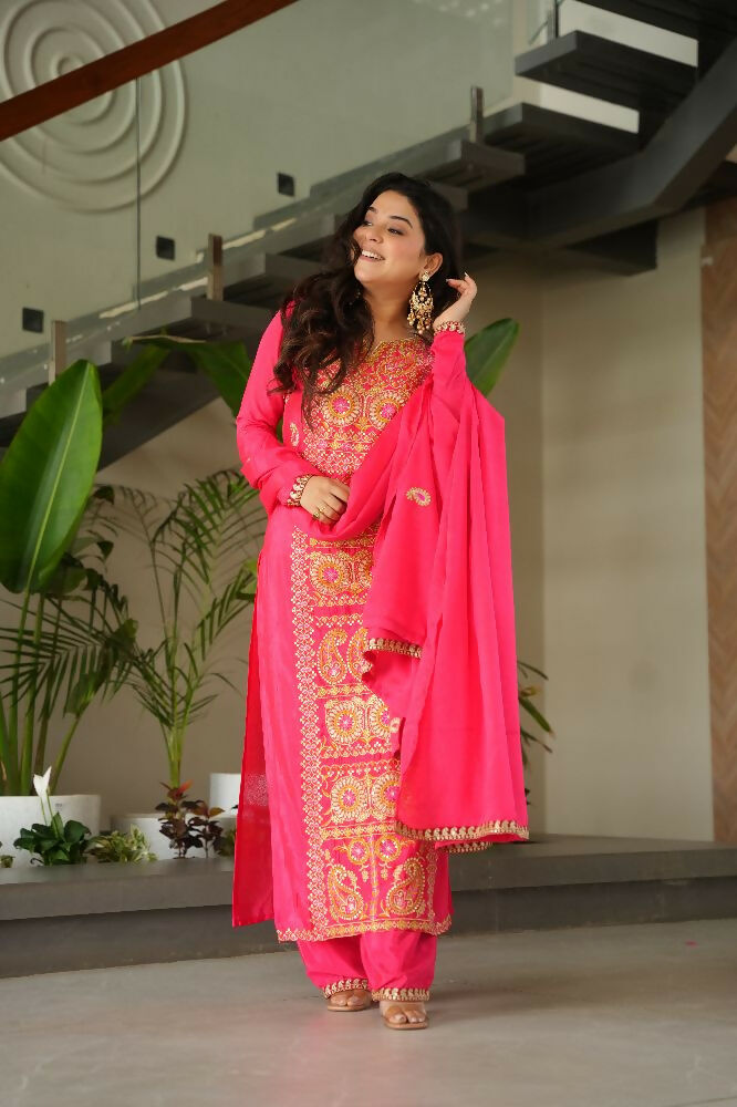Joban Fashion Gajri Kurta Set Silk Sequins , Zari, Coding & Thread Embroidered work - Distacart