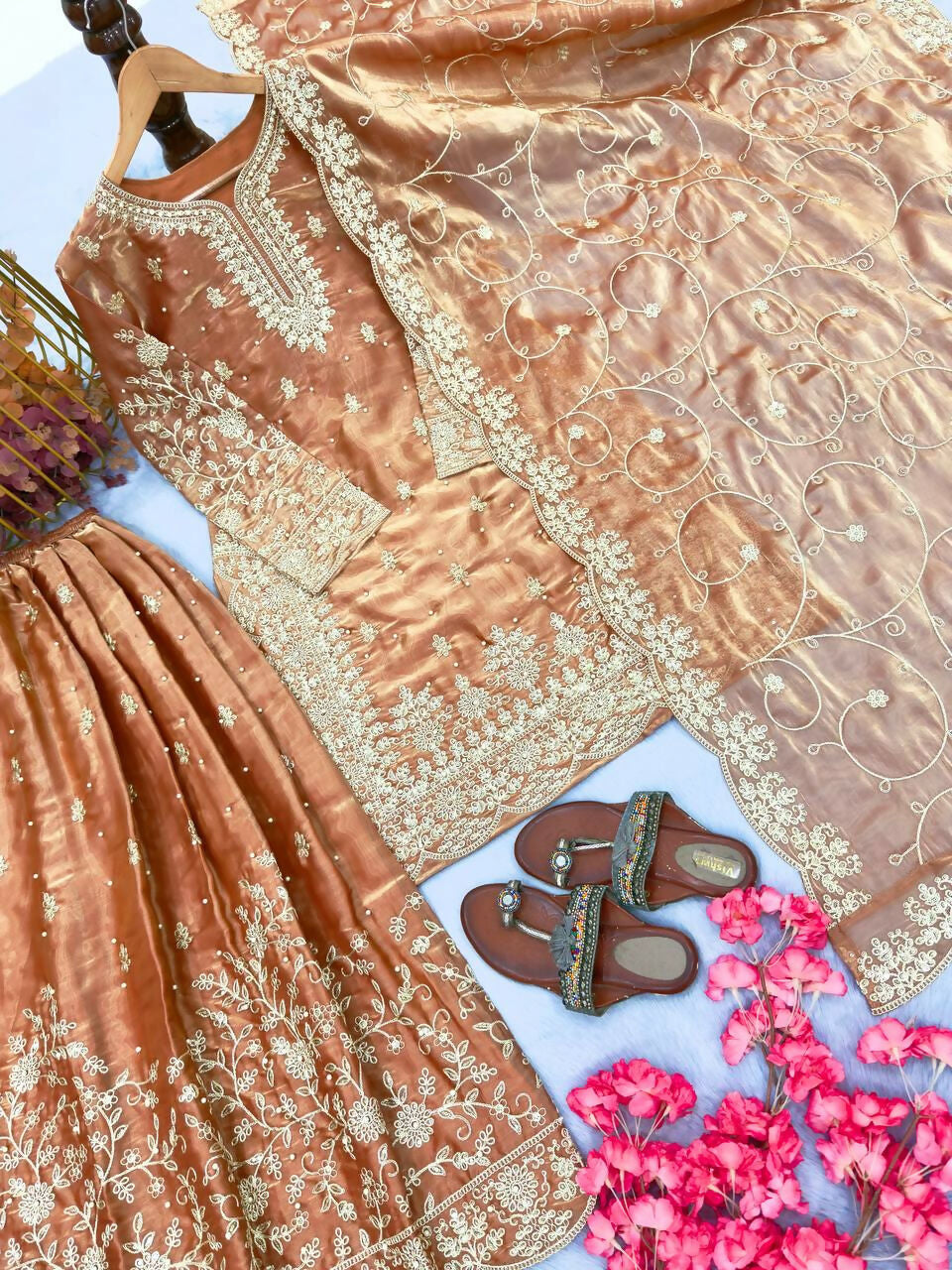 Teeya Creation Peach Pure Silk Gimmy Silk Heavy Embroidery Work Wedding Wear Palazzo Pair - Distacart