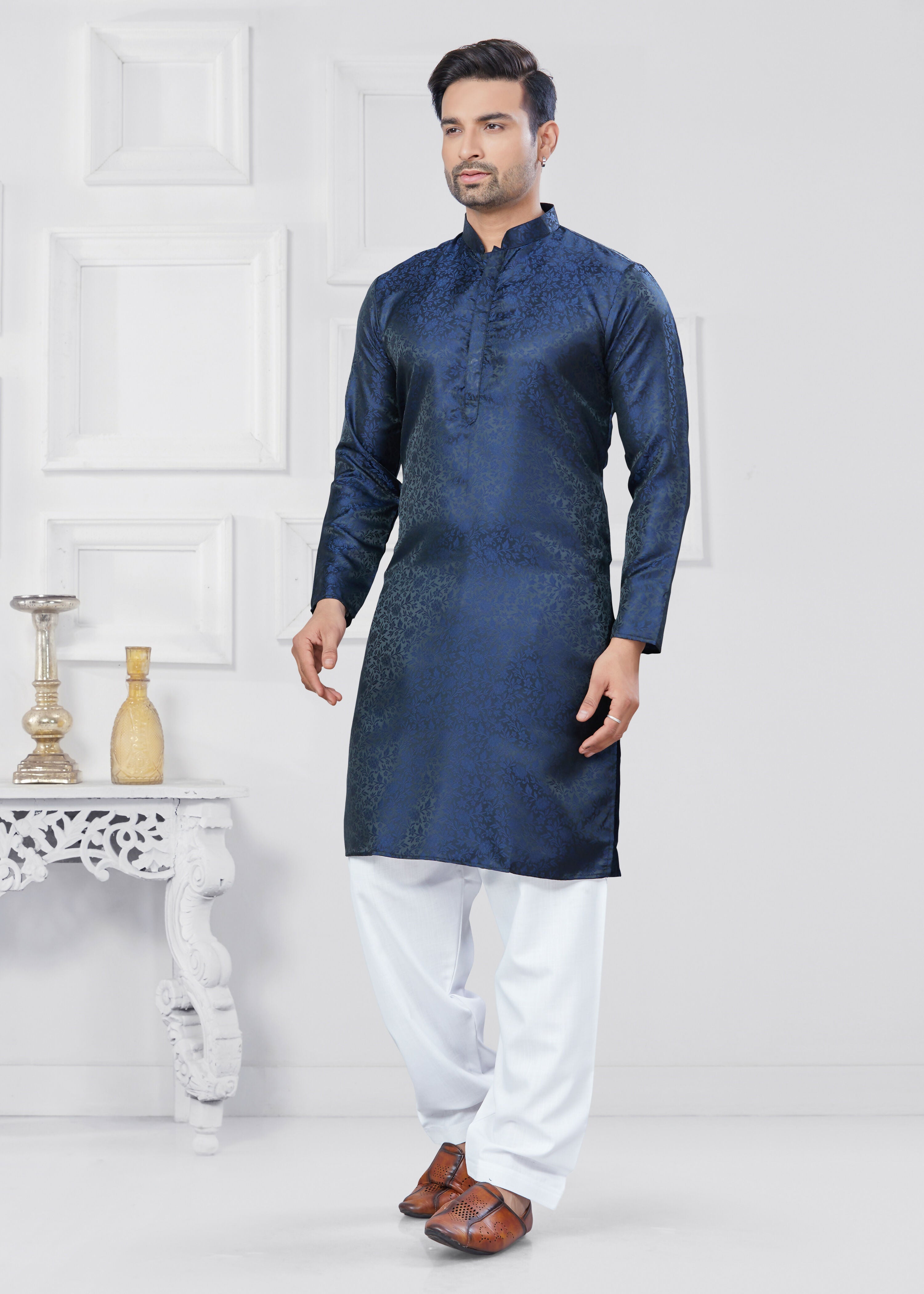 Joban Fashion Men's Jacquard Silk Navy Blue Printed Kurta Pyjama set