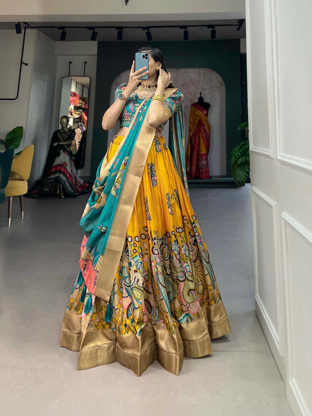Vastranavya Kalamkari Print With Weaving Border Lehenga with Unstitched Blouse - Yellow