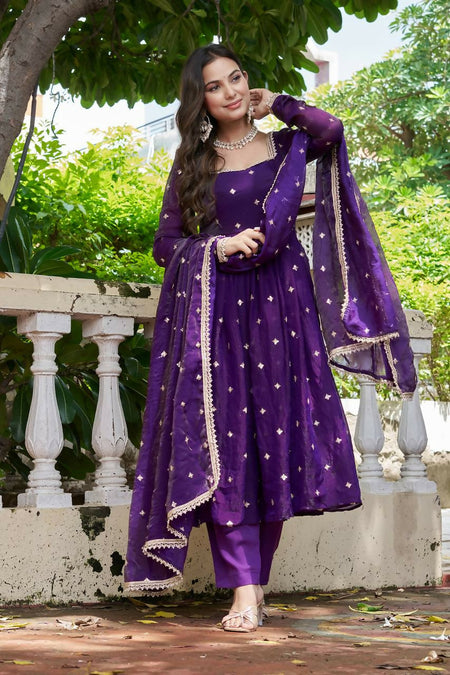 Lehenga Mart Designer Anarkali Suit With Kurta, Pant, Dupatta For Women-Violet
