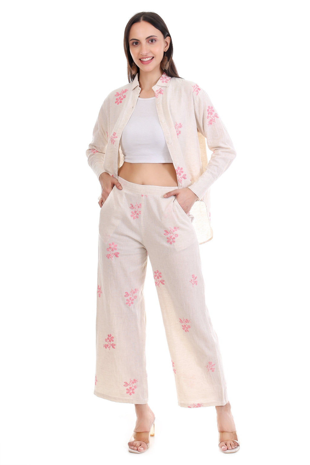 Jaitra Apparels Off White Embroidered Premium Pure Cotton Co-Ord Set For Women - Distacart
