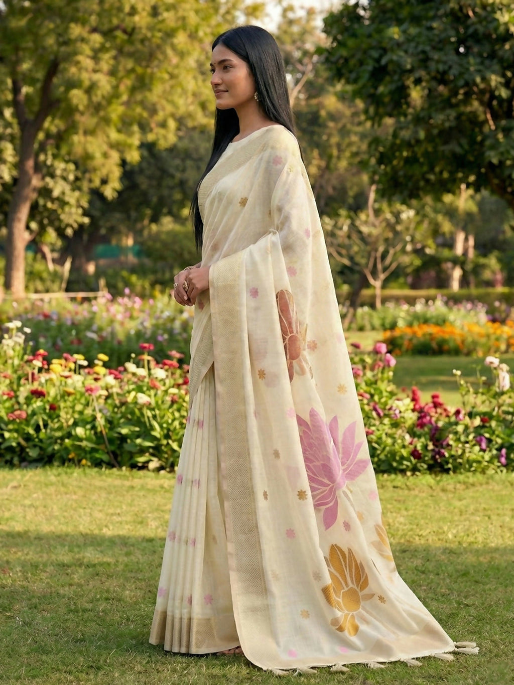 Shree Shyam Fashion White Linen Cotton Saree - Distacart