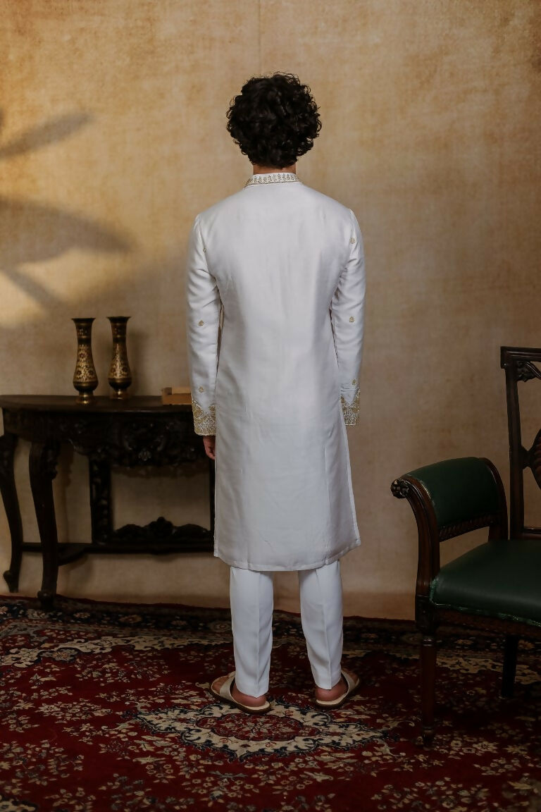 Falling Raw Silk White Mandala Kurta Set By Hilo Design