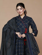 Miravan Women's Abstract Printed & Tasseles Angrakha Kurta With Blue Dupatta Set
