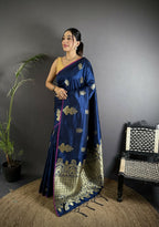 Joban Fashion Navy Blue Banarasi Lichi Silk Gold Zari Meena Saree - Distacart