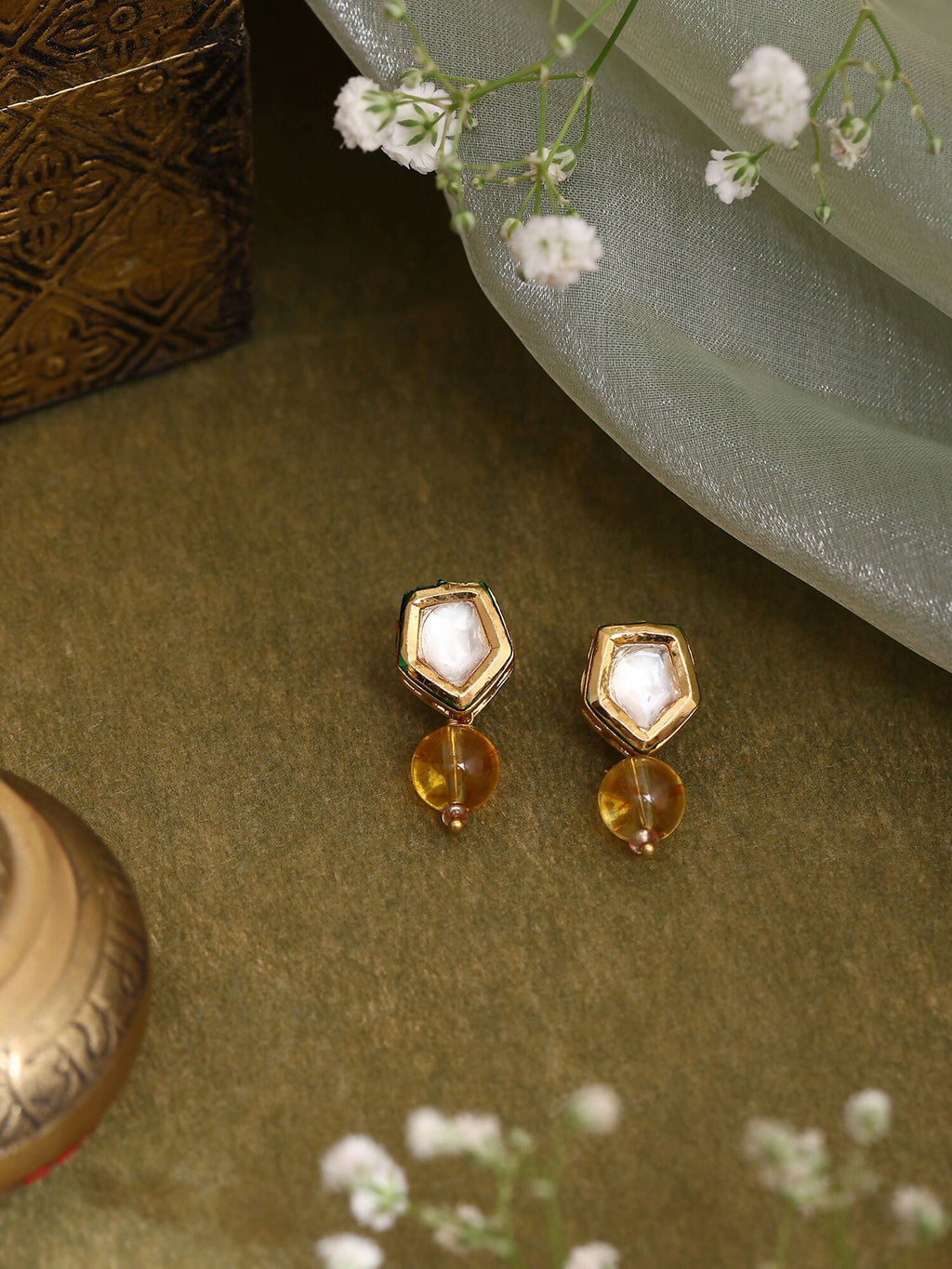 Ruby Raang Yellow Citrine Kundan Studs - Distacart