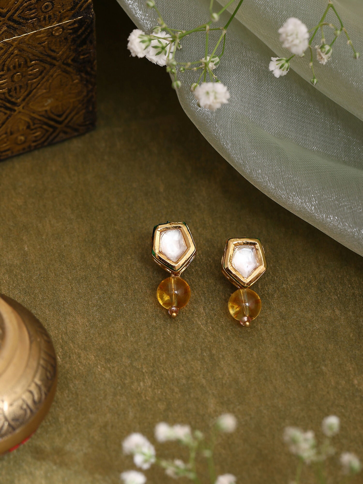 Ruby Raang Yellow Citrine Kundan Studs - Distacart