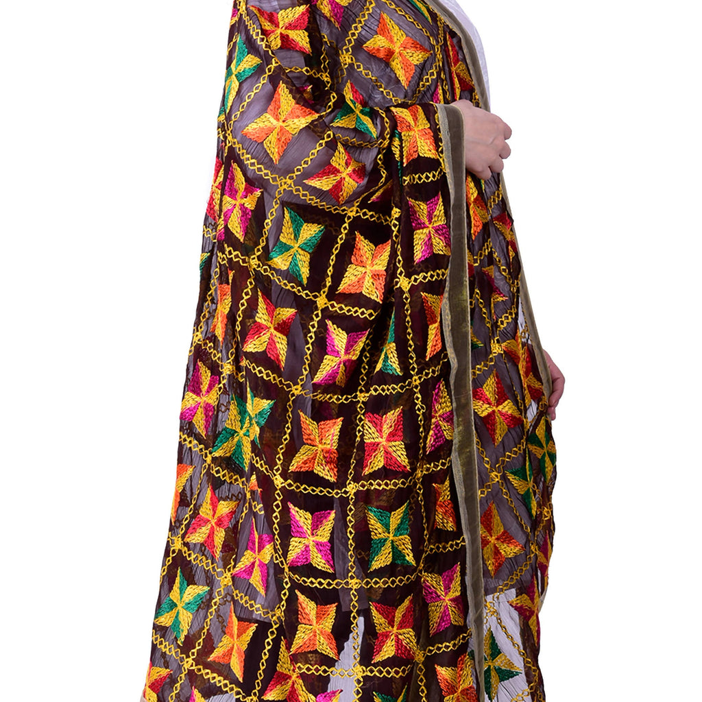 SWI Stylish Embroidered Phulkari Chiffon Coffee Color Dupatta