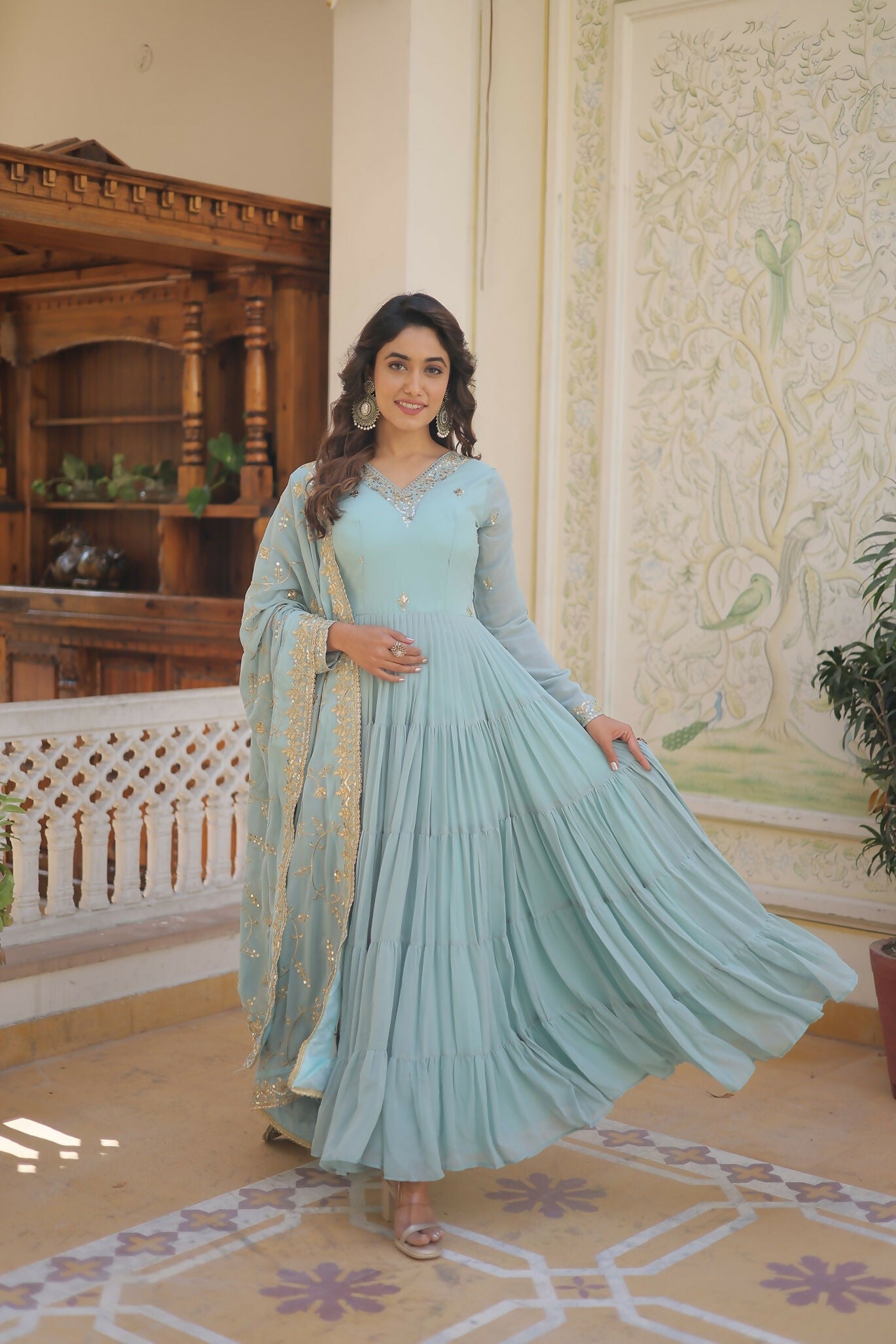 Joban Fashion Sky Blue Georgette Sequence Embroidery Work Kurta Set - Distacart