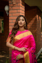 Jyoti Fashion Women's Pink Paithani Silk Zari Woven Saree with Blouse