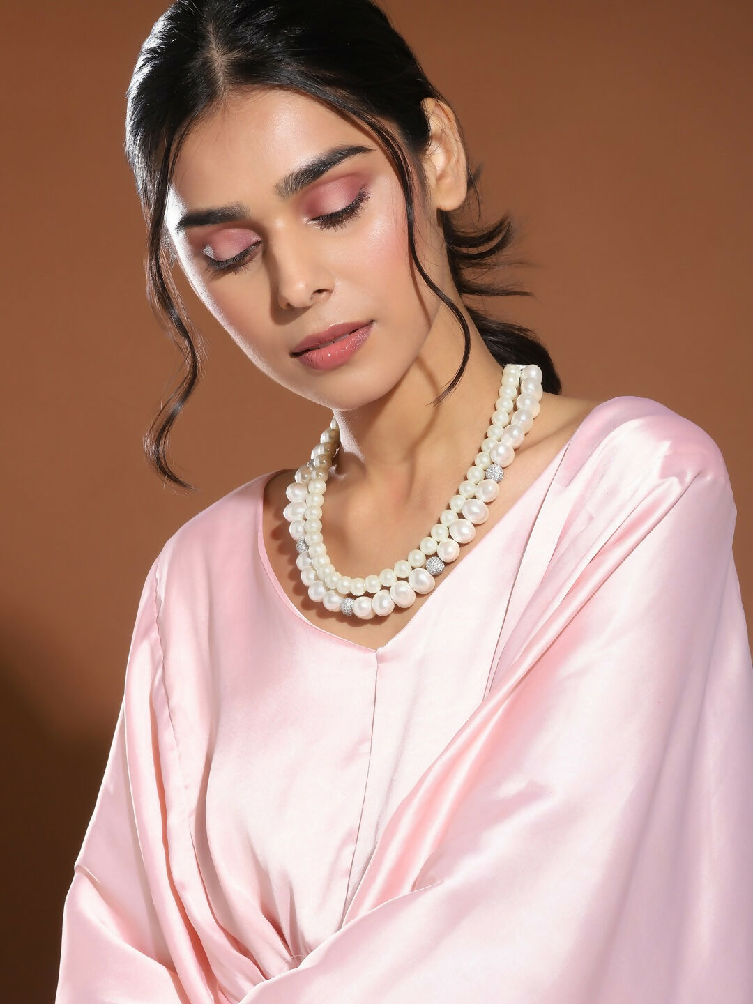 Layered Pearl White Neckpiece in Silver Chain- Ruby Raang