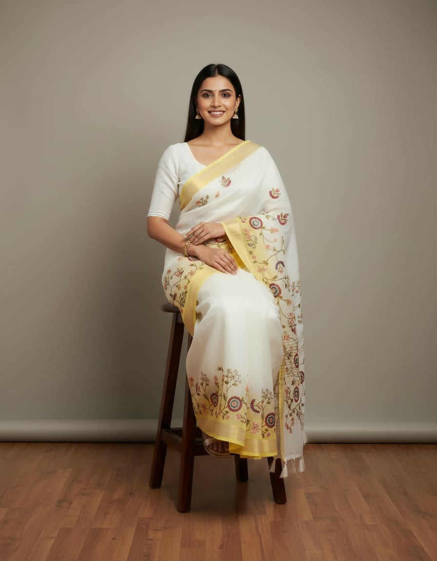 Morchari White Mal Chanderi With All Over Kantha Hand Work Saree - Distacart