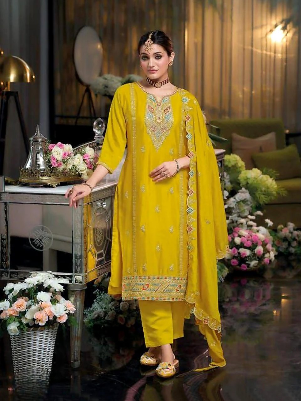 Anaita Yellow Heavy Chinon Readymade Suit with Embroidery & Sequence Work - Distacart