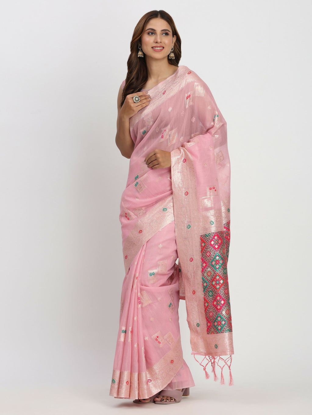 Shree Shyam Fashion Linen Cotton Light Pink Saree - Distacart
