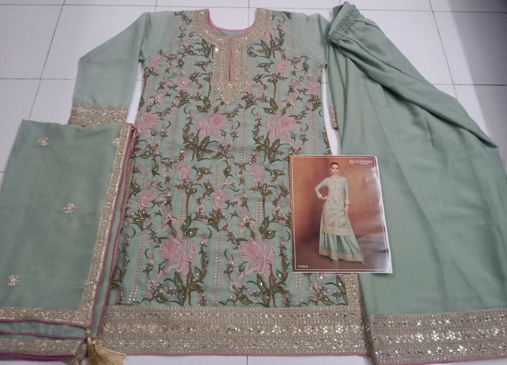 Vastranavya Sea Green Heavy Star Georgette Embroidered Sequins & Mirror Work Classy Pakistani Palazzo Suit