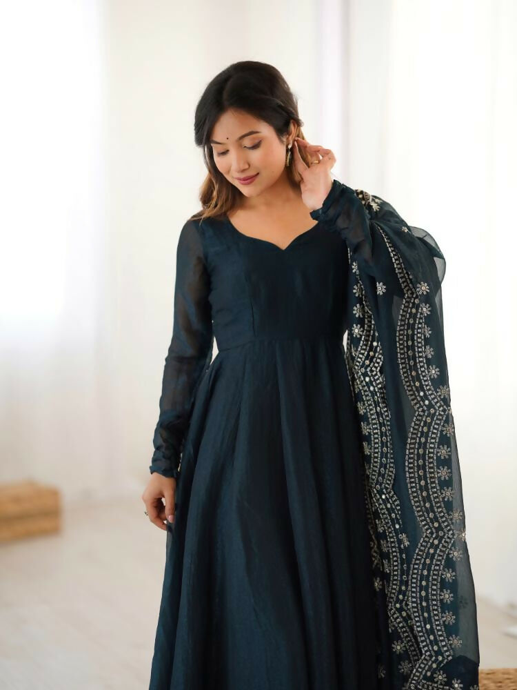 Joban Fashion Blue Chinnon Silk Sequence Embroidery Work Readymade Kurta Set - Distacart