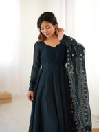 Joban Fashion Blue Chinnon Silk Sequence Embroidery Work Readymade Kurta Set - Distacart