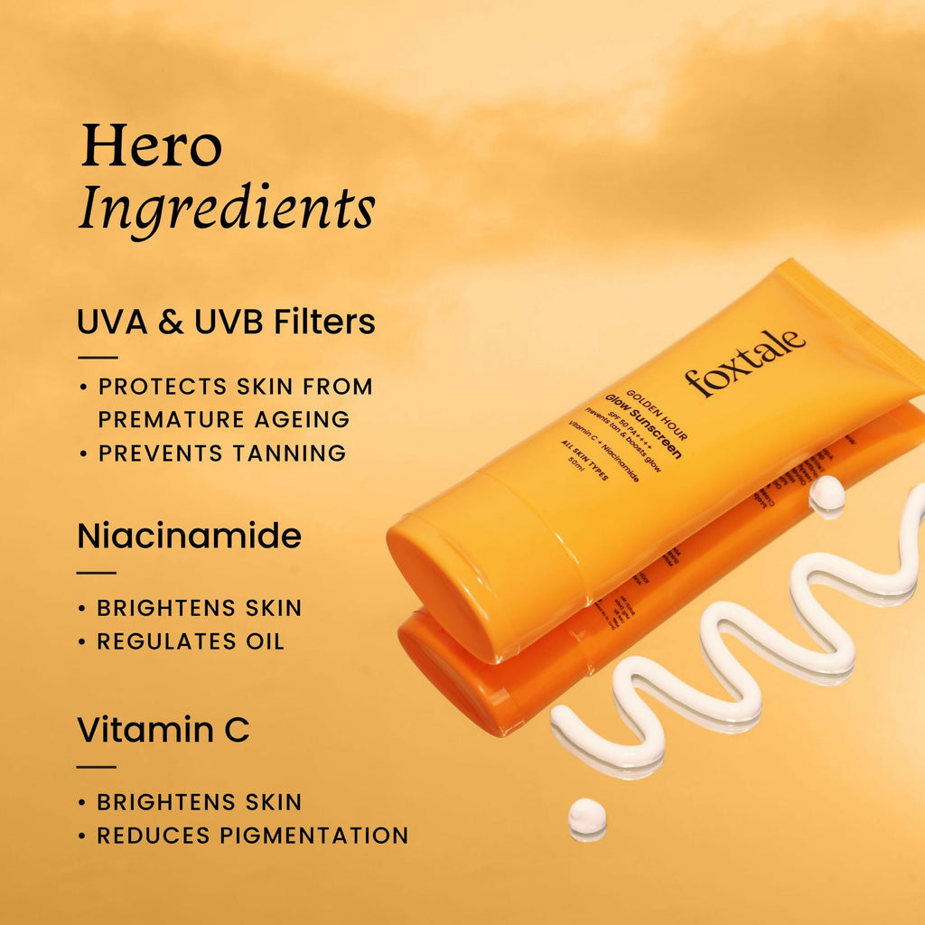 Foxtale Glow Sunscreen SPF 50 PA++++ Lightweight With Vitamin C And Niacinamide For a Dewy Glow, UVA And UVB Filters Prevents Tan - Distacart
