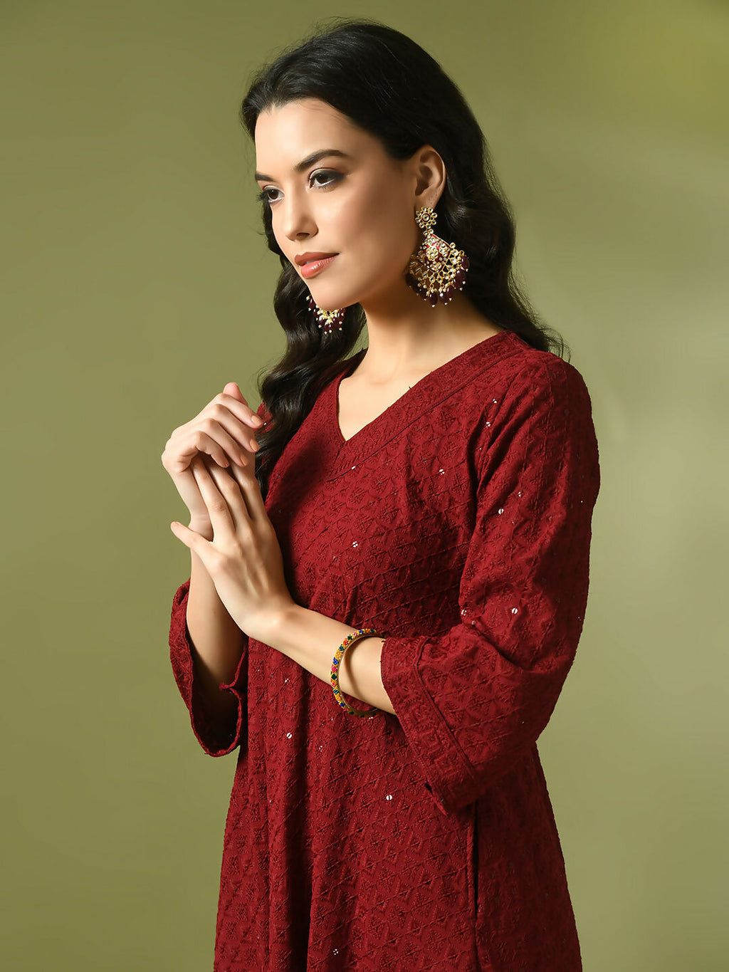 Myshka Women's Maroon Embroidered Cotton A-Line Party Kurta Set