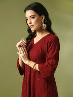 Myshka Women's Maroon Embroidered Cotton A-Line Party Kurta Set
