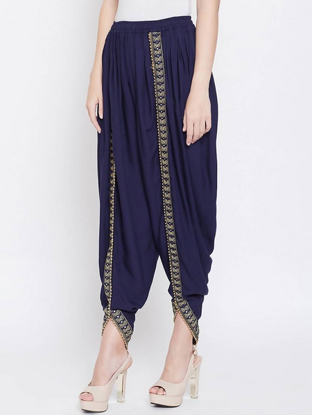 Cheera Women's Navy Viscose Rayon Dhoti With Golden Lace
