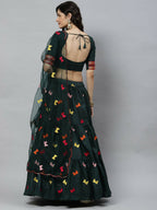 Dark Green Cotton Embroidered Work Lehenga Choli with Dupatta - Jivika