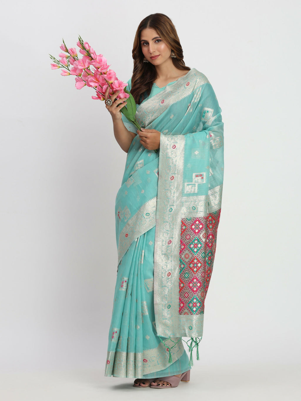 Shree Shyam Fashion Linen Cotton Sea Green Saree - Distacart