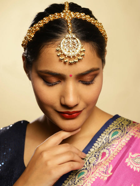 Gold-Polished White Kundan-Studded Pearl Beaded Matha Patti - Ruby Raang