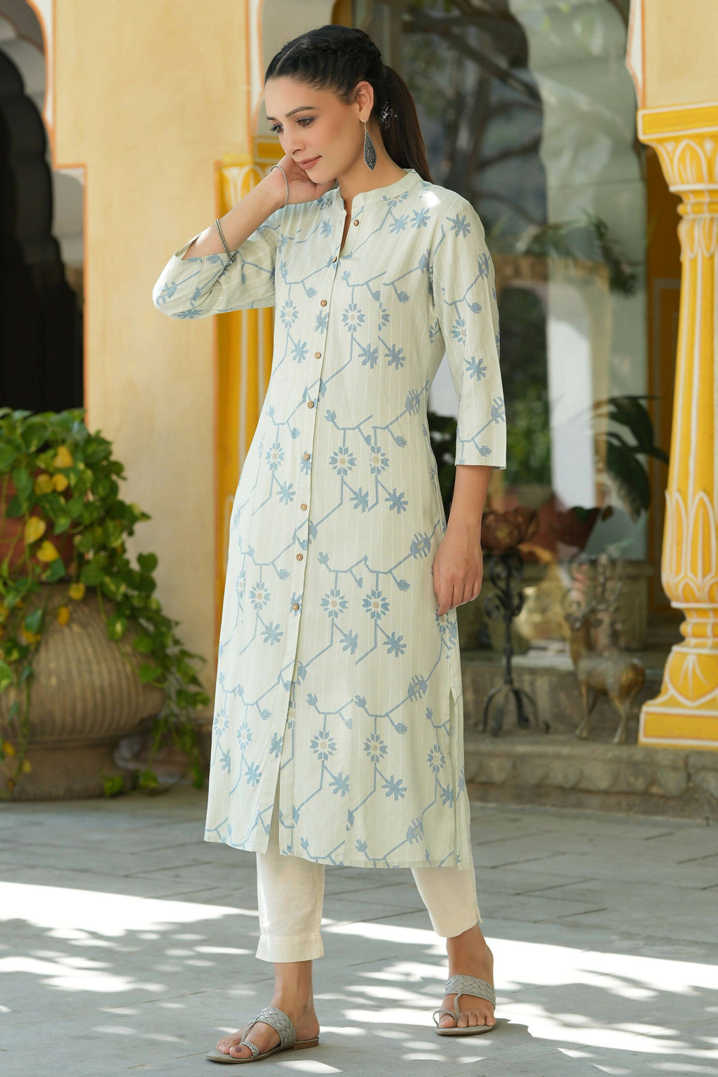 Juniper Women's Sky Blue Rayon Staple Printed A-Line Kurta - Distacart