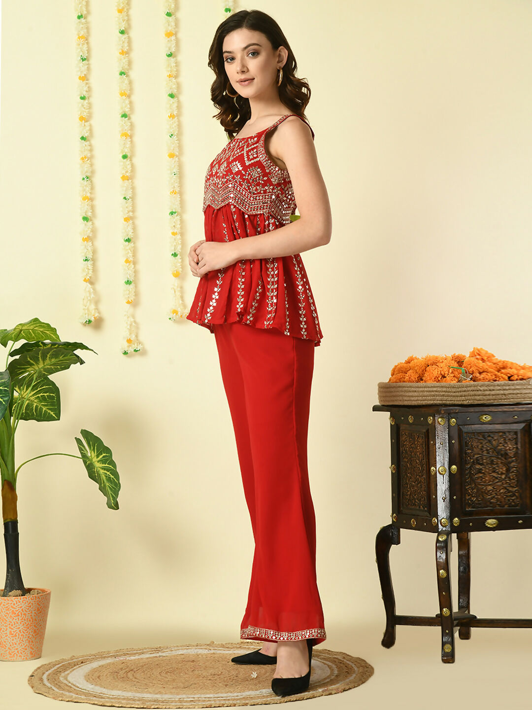 Myshka Women's Red Georgette Top With Palazzos Party Sets