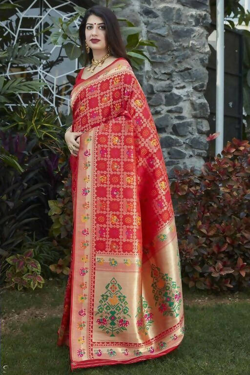DEIANA'S Beautiful Designer Golden zari Soft Lichi Silk Saree - Red