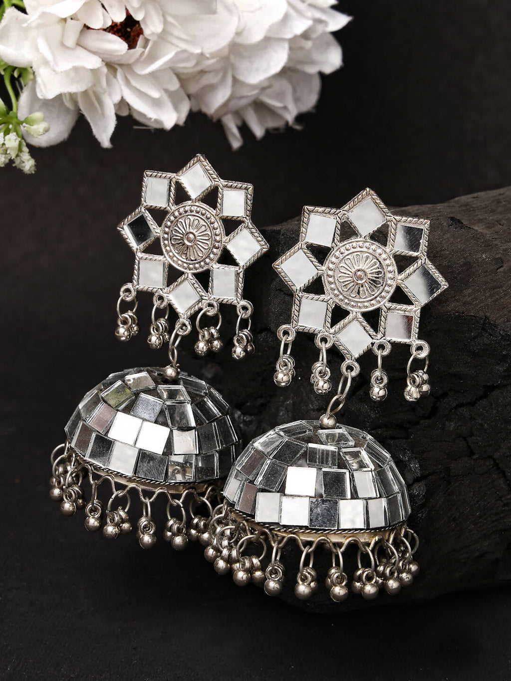 NVR Women Silver Mirror Oxidised Brass-Plated Jhumka Earrings - Distacart